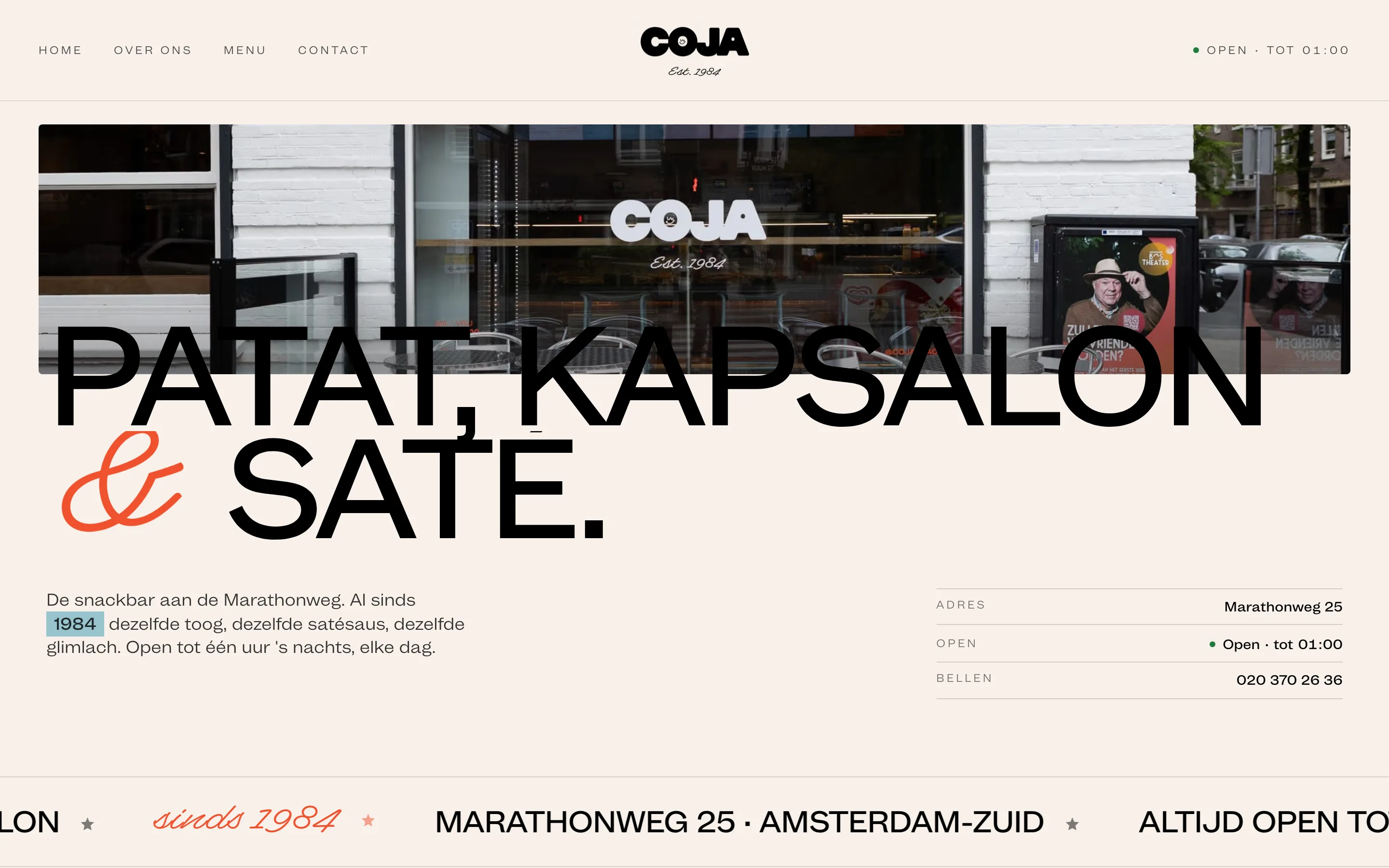 Coja Snacks: Bedrijfswebsite met menu en contactinformatie.