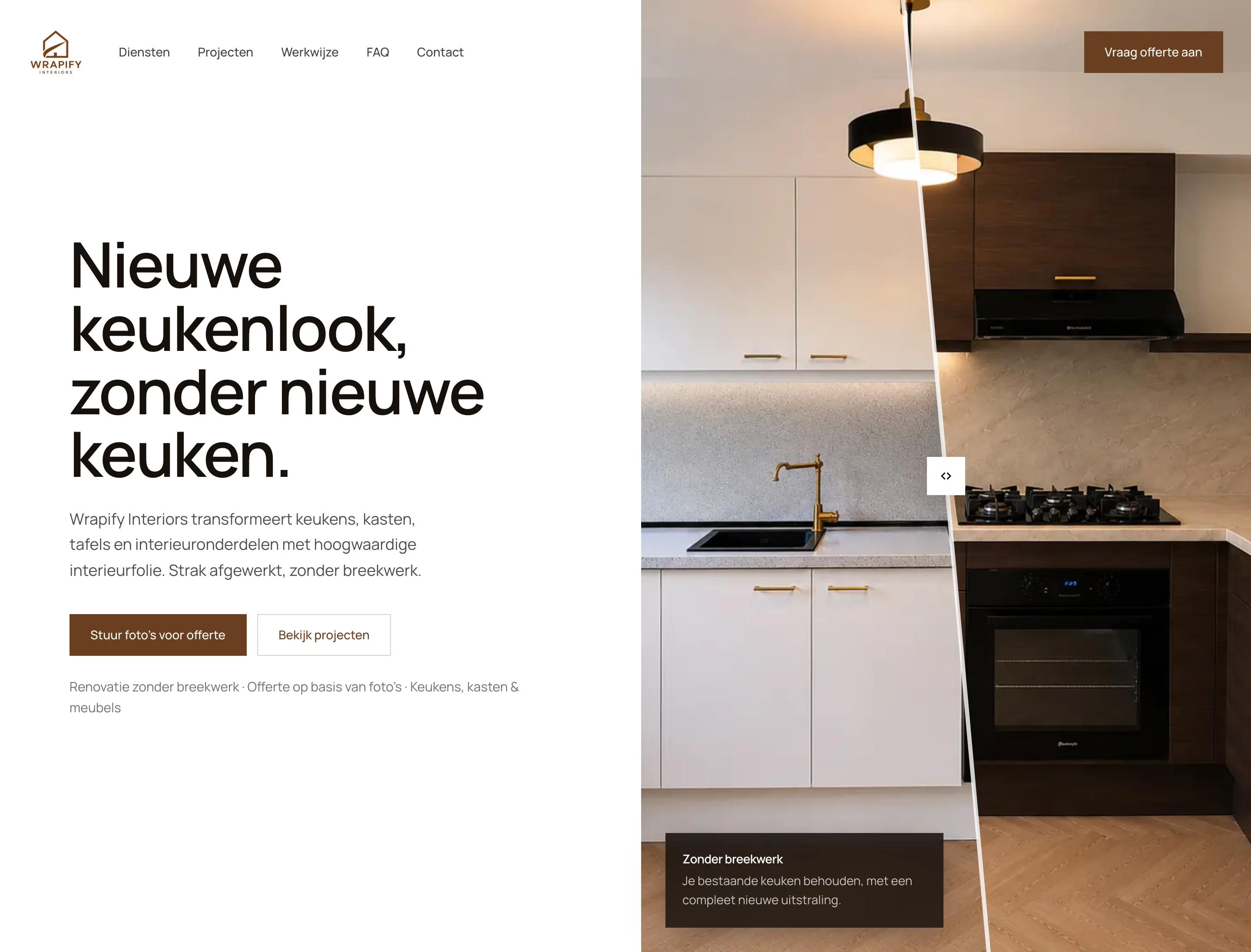 Wrapify Interiors: Bedrijfswebsite met werkvoorbeelden en aanvraagroute.